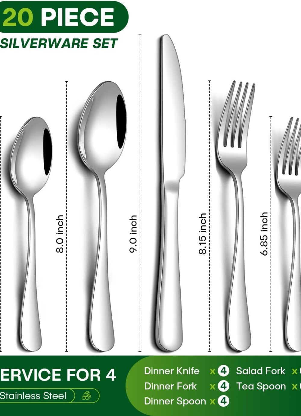 20 Piece Silverware Set, Stainless Steel Flatware Set for 4 Food Grade Cutlery Utensil Set Include Knife Fork Spoon Mirror Polished Dishwasher Safe - Image 2