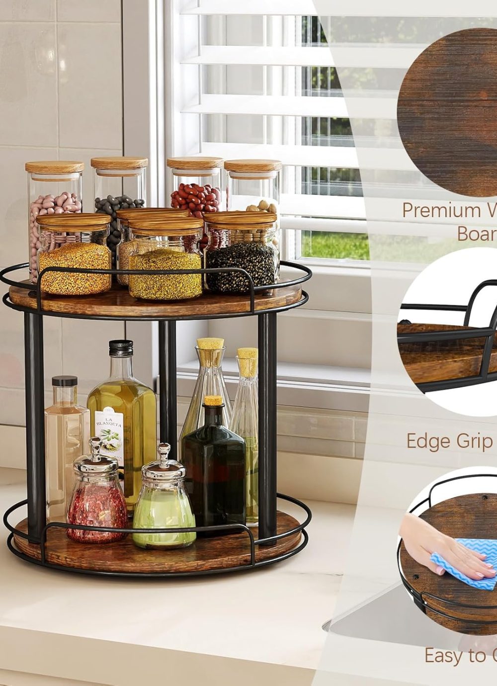 LAMU 12.2'' Wood Lazy Susan Turntable Organizer for Cabinet, 3 Tier Lazy Susan Spice Rack Organizer for Kitchen, Table Top, Countertop, Pantry, Bathroom - Image 2