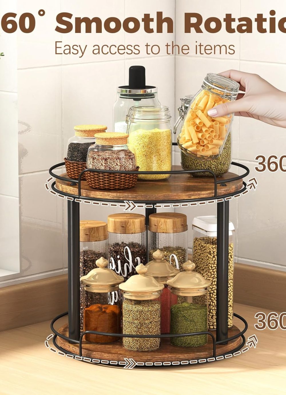 LAMU 12.2'' Wood Lazy Susan Turntable Organizer for Cabinet, 3 Tier Lazy Susan Spice Rack Organizer for Kitchen, Table Top, Countertop, Pantry, Bathroom - Image 3
