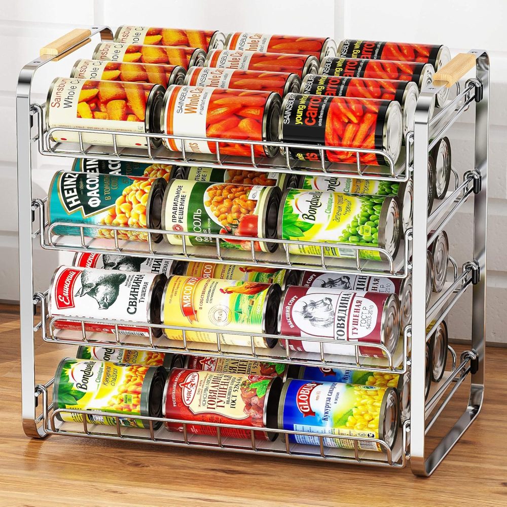 MAXIFFE 4 Tier Can Organizer for Pantry, Space-Saving Adjustable Easy Assembly Metal Sturdy Hold 48 Cans Storage Rack Holder Dispenser for Kitchen Countertop Cabinet RV, for Soda Drinks Fruits, Chrome