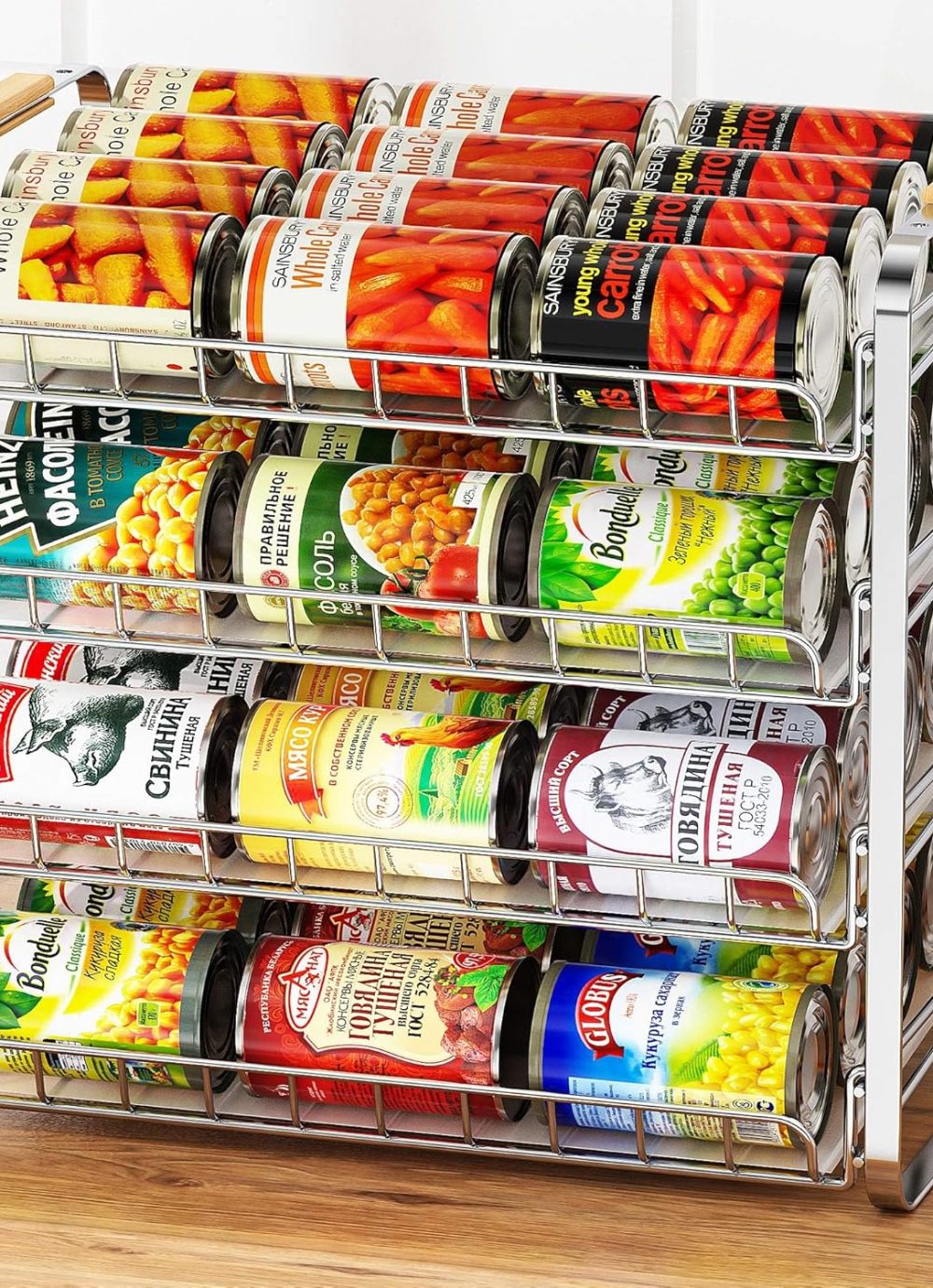 MAXIFFE 4 Tier Can Organizer for Pantry, Space-Saving Adjustable Easy Assembly Metal Sturdy Hold 48 Cans Storage Rack Holder Dispenser for Kitchen Countertop Cabinet RV, for Soda Drinks Fruits, Chrome