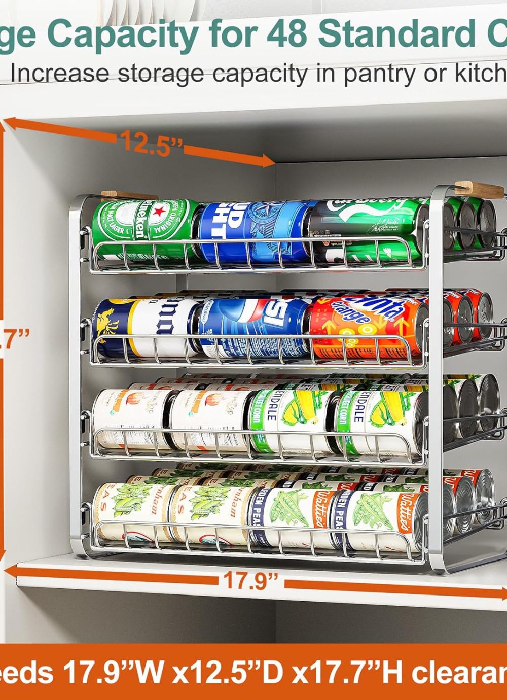 MAXIFFE 4 Tier Can Organizer for Pantry, Space-Saving Adjustable Easy Assembly Metal Sturdy Hold 48 Cans Storage Rack Holder Dispenser for Kitchen Countertop Cabinet RV, for Soda Drinks Fruits, Chrome - Image 2