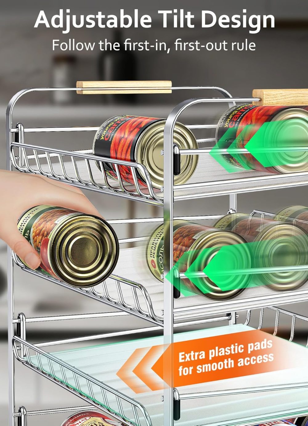 MAXIFFE 4 Tier Can Organizer for Pantry, Space-Saving Adjustable Easy Assembly Metal Sturdy Hold 48 Cans Storage Rack Holder Dispenser for Kitchen Countertop Cabinet RV, for Soda Drinks Fruits, Chrome - Image 3
