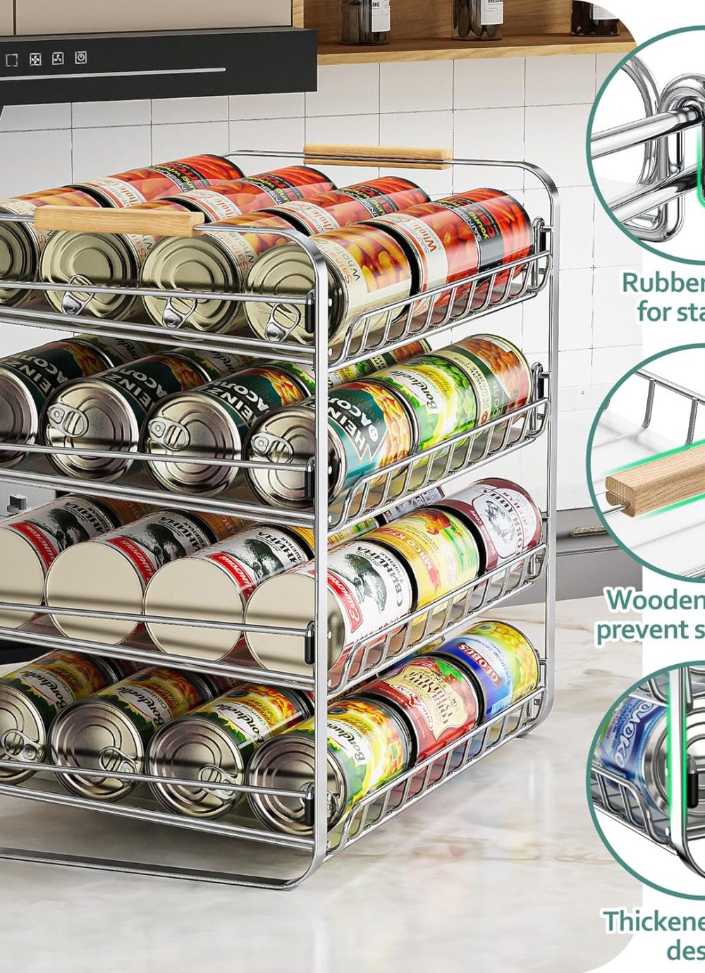 MAXIFFE 4 Tier Can Organizer for Pantry, Space-Saving Adjustable Easy Assembly Metal Sturdy Hold 48 Cans Storage Rack Holder Dispenser for Kitchen Countertop Cabinet RV, for Soda Drinks Fruits, Chrome - Image 4