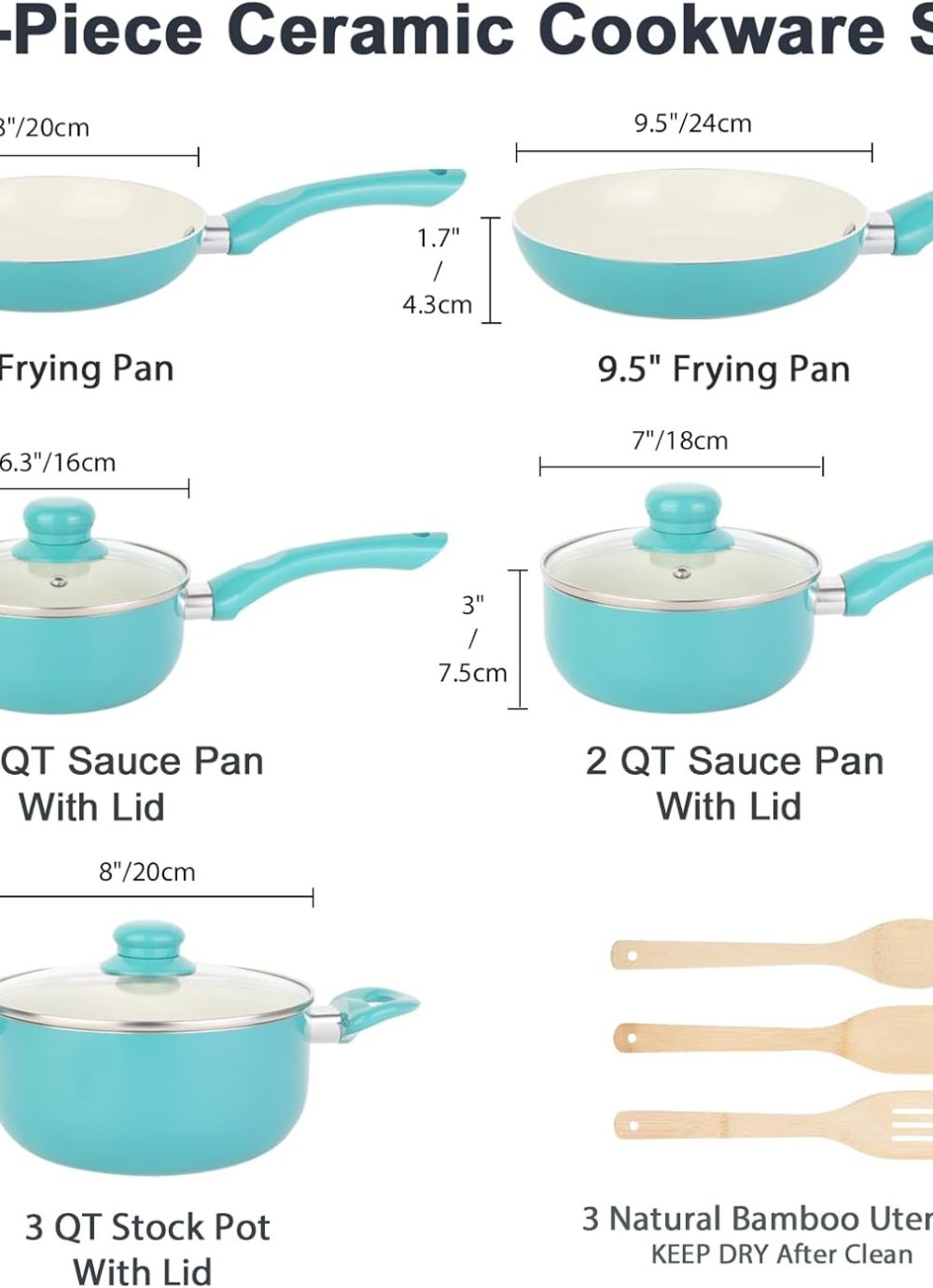 Pots and Pans Set Nonstick, 11pcs Kitchen Cookware Sets Induction Cookware, Ceramic Non Stick Cooking Set, Stay Cool Handle & Bamboo Kitchen Utensils, 100% PFOA Free, Turquoise - Image 2