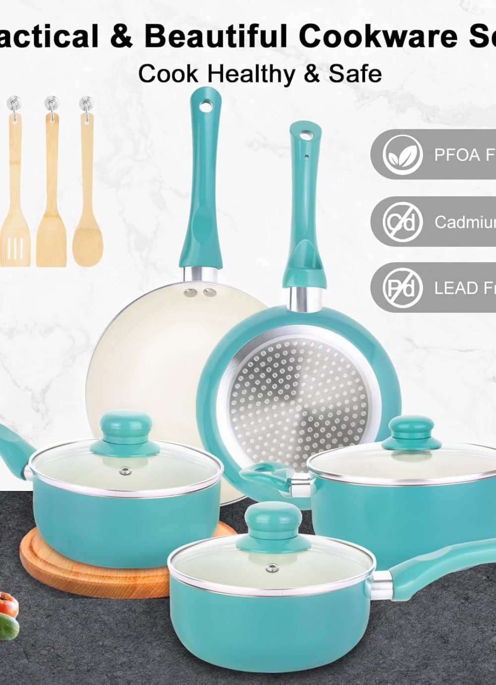 Pots and Pans Set Nonstick, 11pcs Kitchen Cookware Sets Induction Cookware, Ceramic Non Stick Cooking Set, Stay Cool Handle & Bamboo Kitchen Utensils, 100% PFOA Free, Turquoise - Image 6