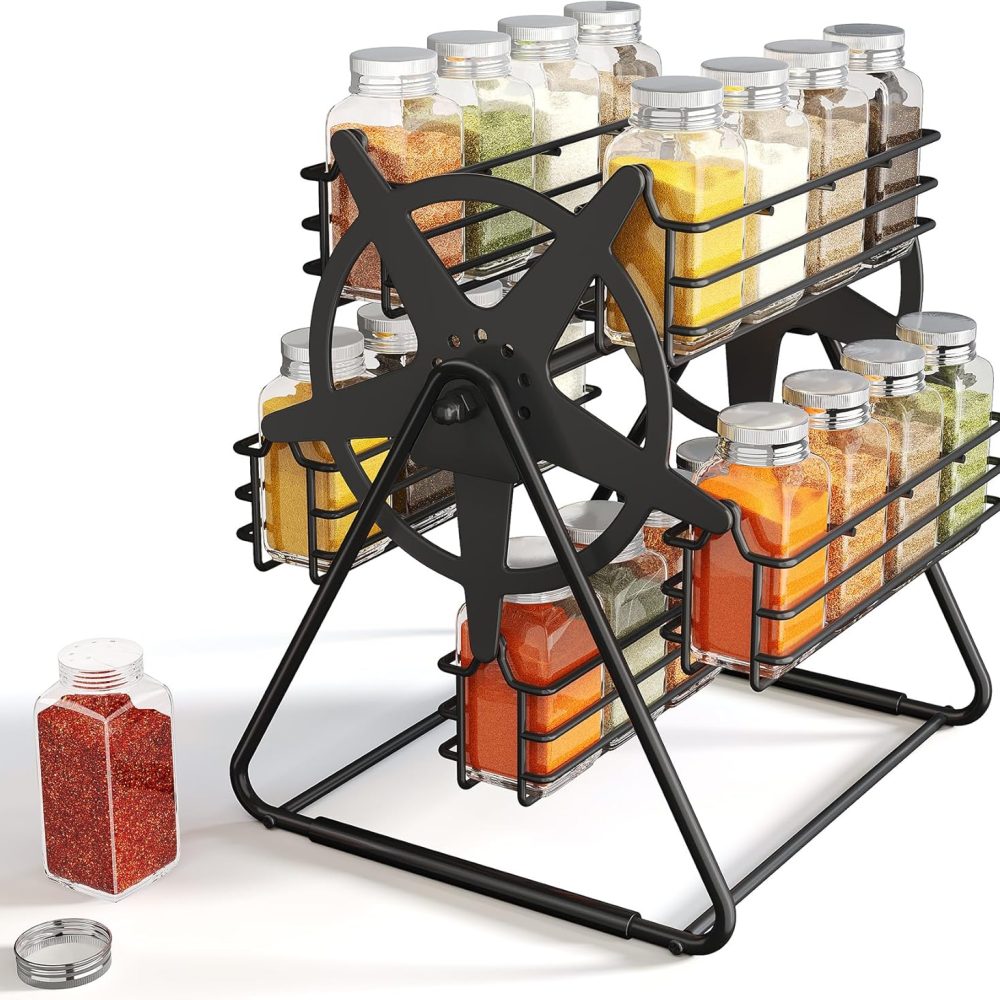 Rotating Spice Rack Organizer with 20 Empty Thicken Glasses Jars and Labels for Kitchen Countertop, Spinning Like Ferris-Wheel, Metal (M)