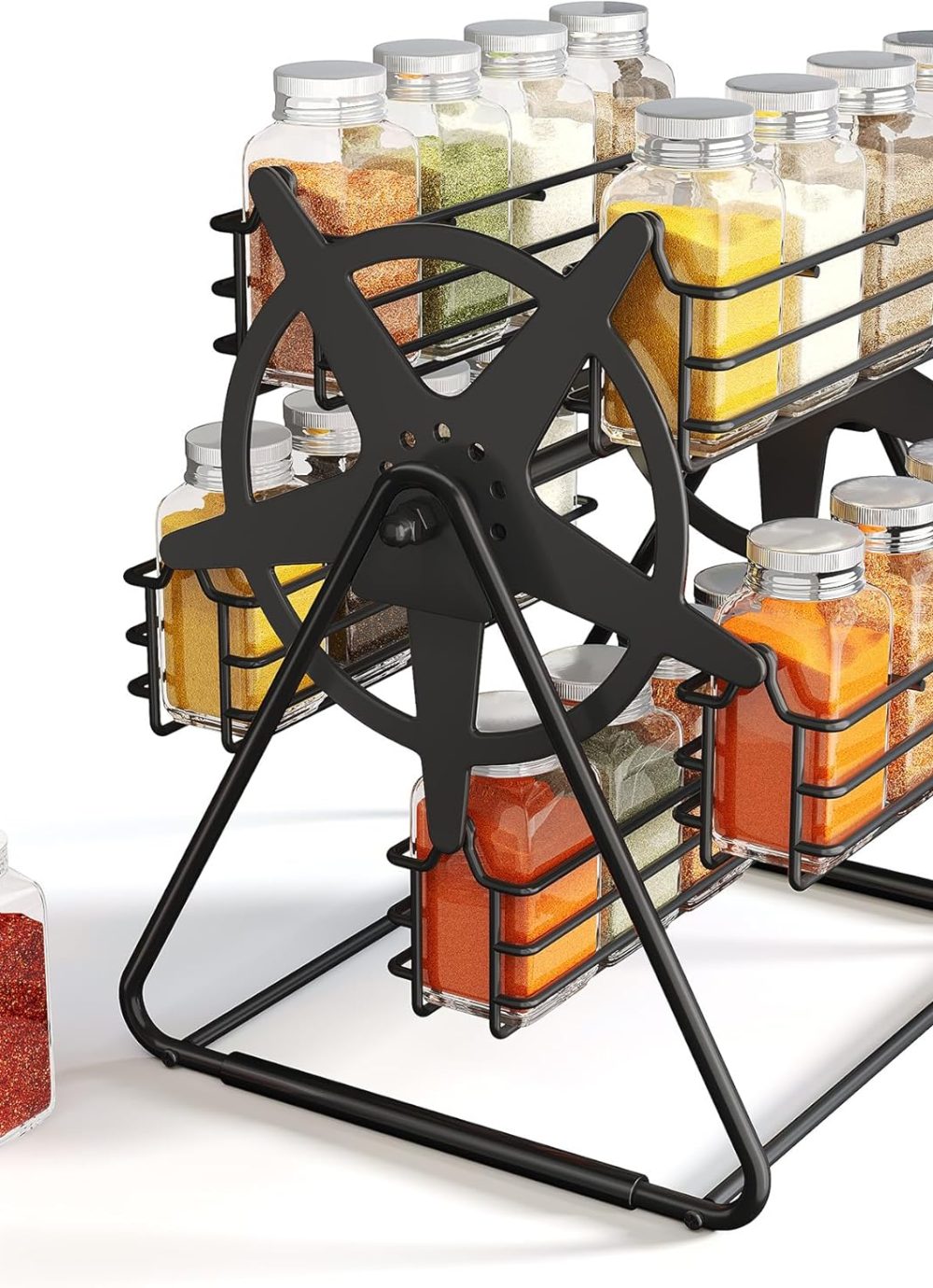 Rotating Spice Rack Organizer with 20 Empty Thicken Glasses Jars and Labels for Kitchen Countertop, Spinning Like Ferris-Wheel, Metal (M)