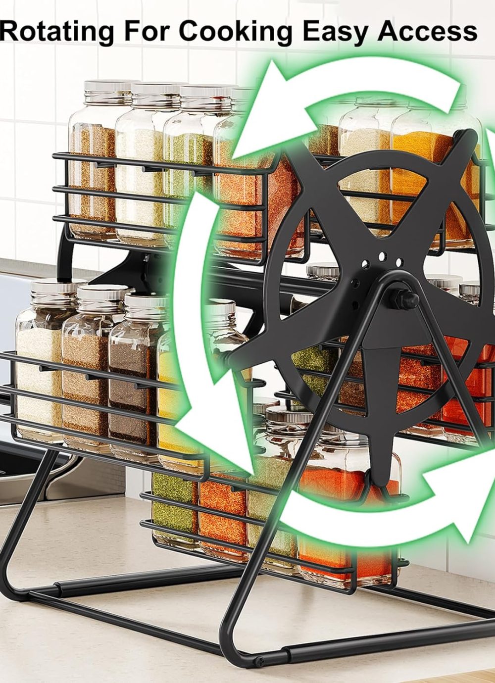 Rotating Spice Rack Organizer with 20 Empty Thicken Glasses Jars and Labels for Kitchen Countertop, Spinning Like Ferris-Wheel, Metal (M) - Image 2