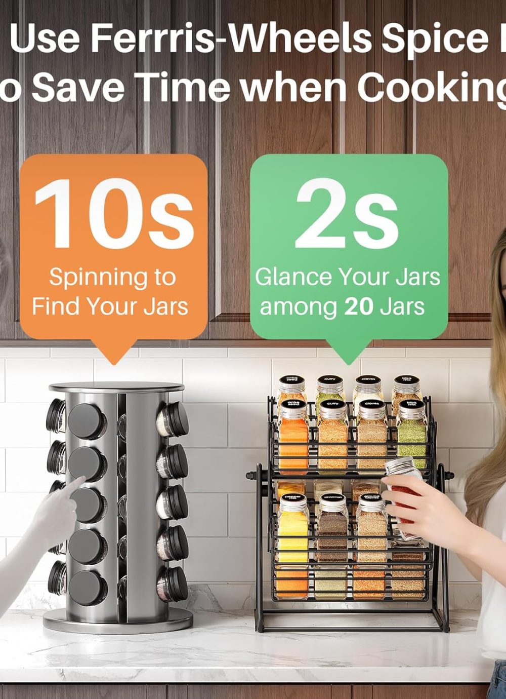 Rotating Spice Rack Organizer with 20 Empty Thicken Glasses Jars and Labels for Kitchen Countertop, Spinning Like Ferris-Wheel, Metal (M) - Image 3
