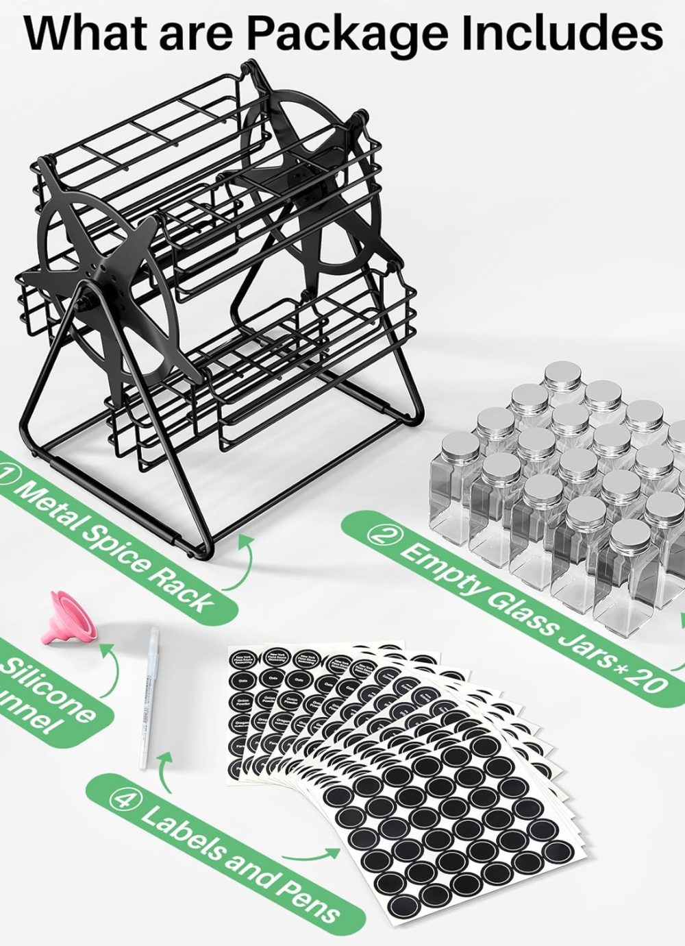 Rotating Spice Rack Organizer with 20 Empty Thicken Glasses Jars and Labels for Kitchen Countertop, Spinning Like Ferris-Wheel, Metal (M) - Image 5