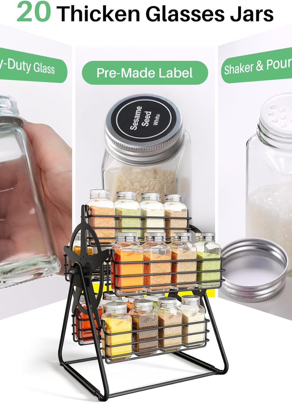 Rotating Spice Rack Organizer with 20 Empty Thicken Glasses Jars and Labels for Kitchen Countertop, Spinning Like Ferris-Wheel, Metal (M) - Image 6