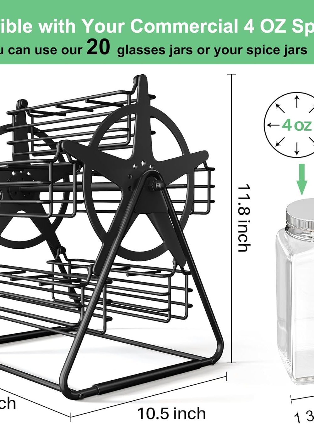 Rotating Spice Rack Organizer with 20 Empty Thicken Glasses Jars and Labels for Kitchen Countertop, Spinning Like Ferris-Wheel, Metal (M) - Image 8