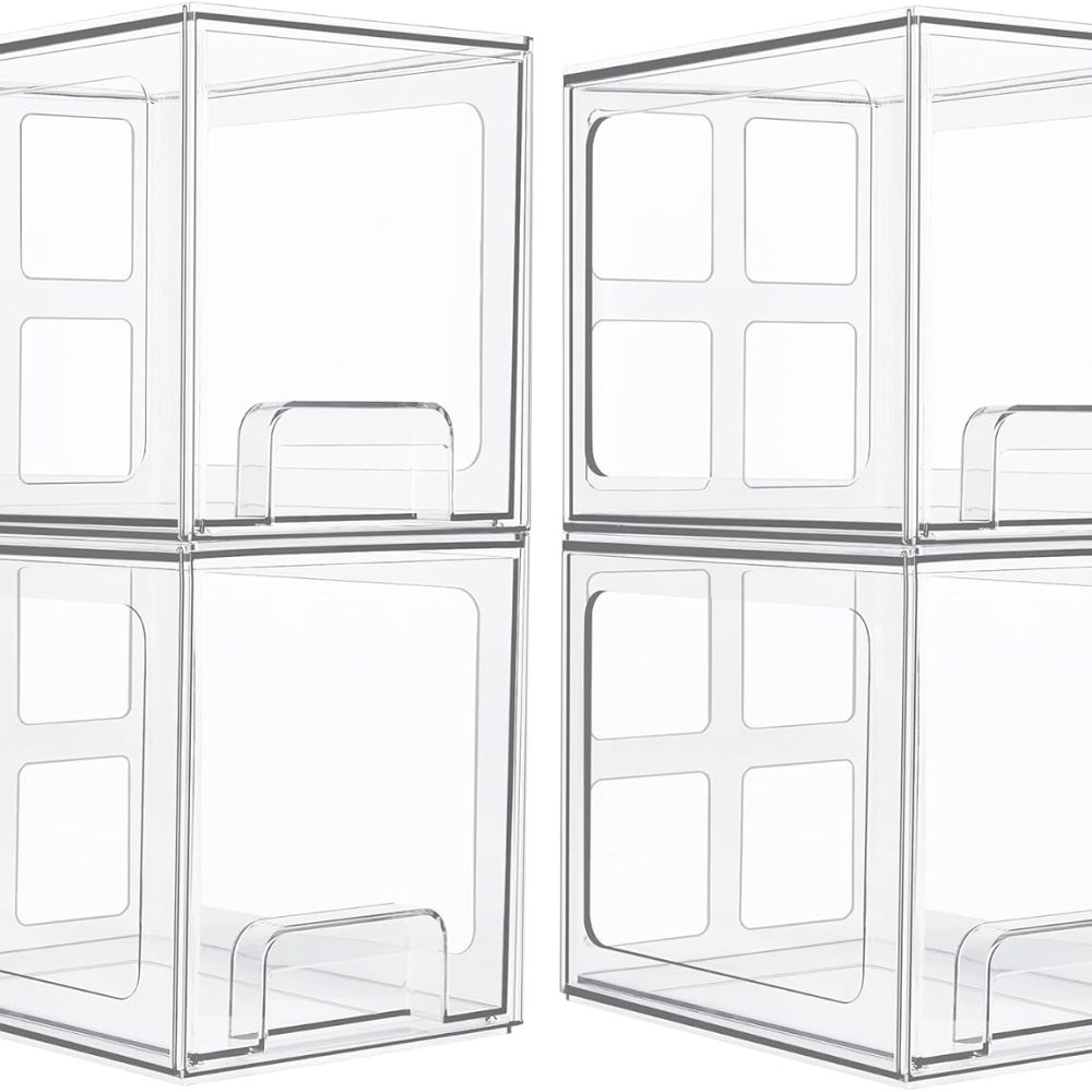 Vtopmart 4 Pack Stackable Storage Drawers, 6.6''Tall Acrylic Bathroom Makeup Organizers,Clear Plastic Drawers For Vanity, Undersink, Kitchen Cabinet,Pantry Organization and Storage