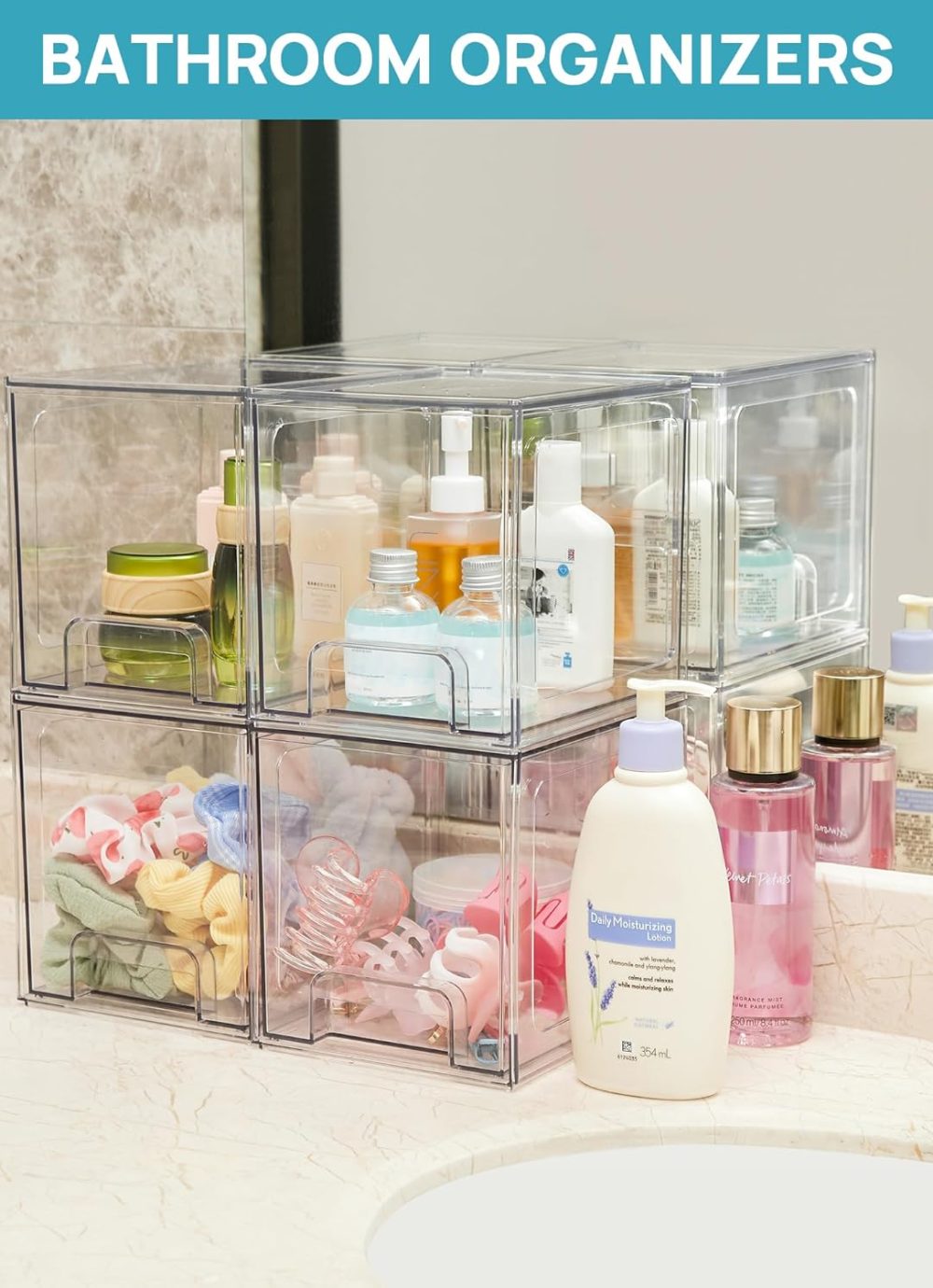 Vtopmart 4 Pack Stackable Storage Drawers, 6.6''Tall Acrylic Bathroom Makeup Organizers,Clear Plastic Drawers For Vanity, Undersink, Kitchen Cabinet,Pantry Organization and Storage - Image 5